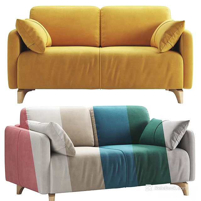 Two Piece Sofa Set Featuring Yellow And Colorful Striped Design With Pillows 3d model