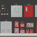 Fire Safety Equipment Display With Emergency Doors Fire Extinguishers And Control Panels