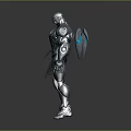 Futuristic Blue Armored Character With Glowing Chest Core And Transparent Mechanical Arms