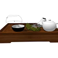 Traditional Tea Set on Wooden Tray with White Teapot Black Bowl and Green Leaf