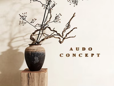 Ceramic Vase With Twig Branches On Wooden Stump Against Light Wall Background 3d model