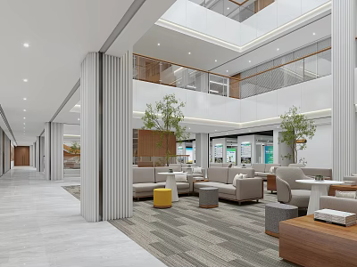 Hotel Lobby Modern Interior Design With Layered Ceiling Columns Sofas And Plants 3d model