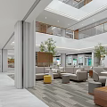 Hotel Lobby Modern Interior Design With Layered Ceiling Columns Sofas And Plants