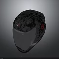 Futuristic Weapon Helmet Featuring Black Textured Surface And Red Decorative Accents