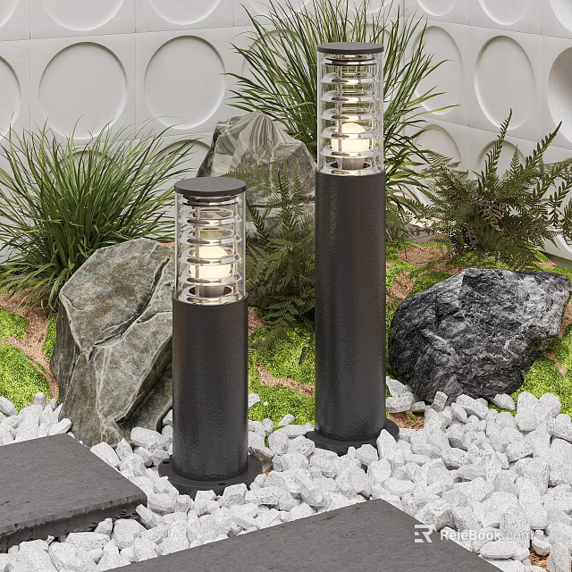 Black Outdoor Pillar Lights With Transparent Shade Garden Plants Stones And White Gravel 3d model 