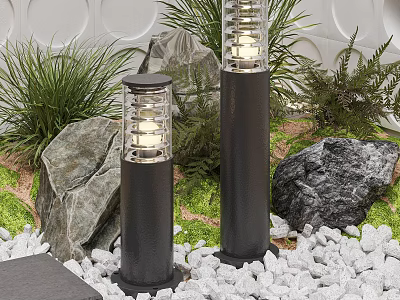 Black Outdoor Pillar Lights With Transparent Shade Garden Plants Stones And White Gravel 3d model