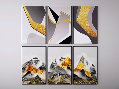 Modern Abstract And Mountain Landscape Wall Art With Golden Accents For Home Decor 3d model