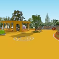 Vibrant Kids Playground With Yellow Surface Climbing Structures Shaded Pavilion And Trees