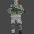 Soldier Wearing Camouflage Combat Uniform Green Helmet And Tactical Vest With Rifle