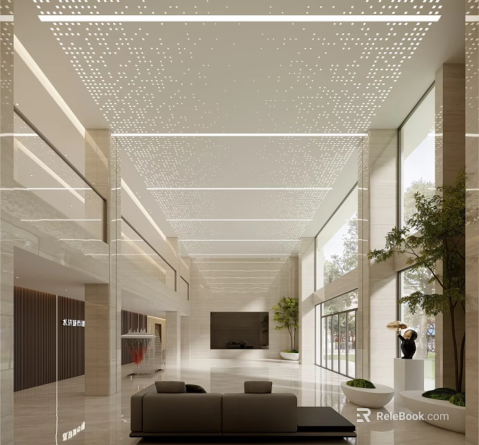 Modern Front Desk Reception Area With Open Space Large Windows And Green Plants 3d model