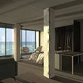 Modern Hotel Room With Sea View Large Windows Marble Pillars Sofa And Chairs