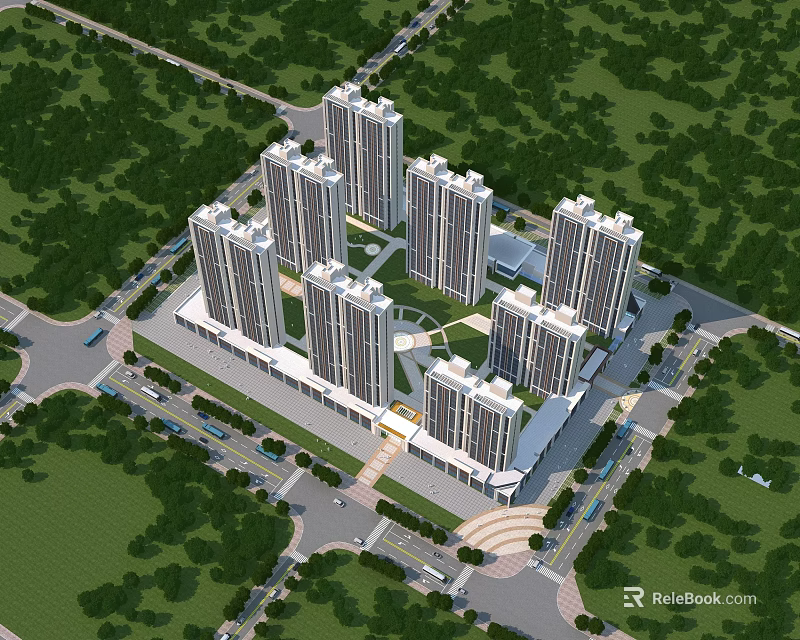 Aerial Planning of High Rise Residential Complex With Greenery and Road Network 3d model 