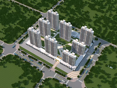 Aerial Planning of High Rise Residential Complex With Greenery and Road Network 3d model