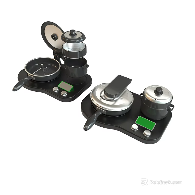 Multi Functional Kitchen Cooking Equipment With Black Base Green Display And Pots 3d model 