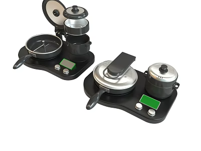 Multi Functional Kitchen Cooking Equipment With Black Base Green Display And Pots 3d model