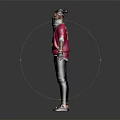 Man Wearing Red T Shirt Black Mask Gold Necklace Ripped Jeans And Sandals Standing