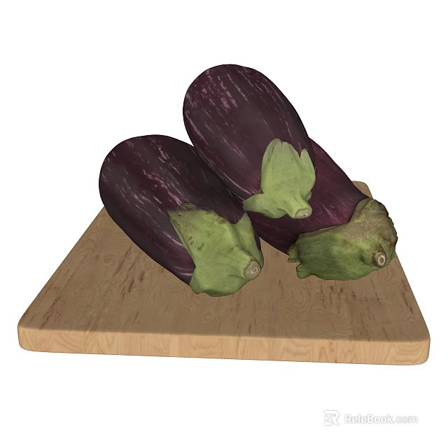 Fresh Purple Eggplants on a Wooden Cutting Board with Green Stems 3d model 