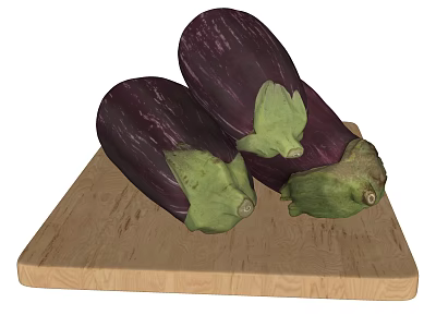Fresh Purple Eggplants on a Wooden Cutting Board with Green Stems 3d model