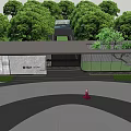 Modern Entrance Gate Architecture With Stone Wall Lush Trees and Spacious Plaza