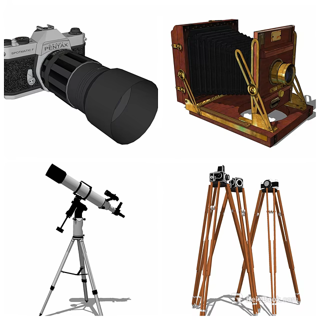 Vintage Cameras Modern Telescope and Tripod Stands for Digital Gear 3d model 