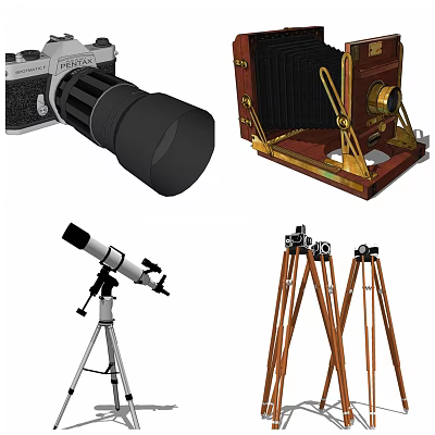 Vintage Cameras Modern Telescope and Tripod Stands for Digital Gear 3d model