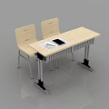 Light Wood Desk With Two Chairs Tablet And Papers On Surface 3d model