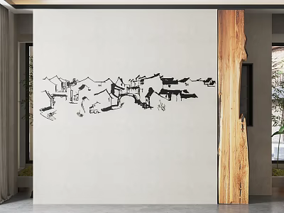 Wooden Partition With Black White House Pattern In Modern Interior Design 3d model
