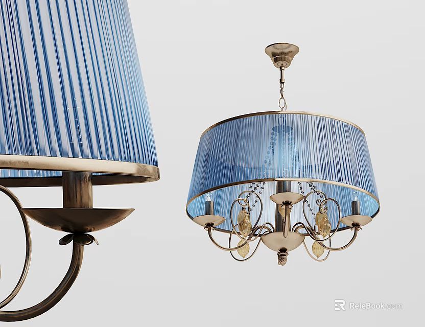 Blue Striped Lampshade Chandelier With Metal Frame And Candle Shaped Bulbs 3d model 