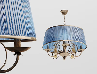 Blue Striped Lampshade Chandelier With Metal Frame And Candle Shaped Bulbs 3d model