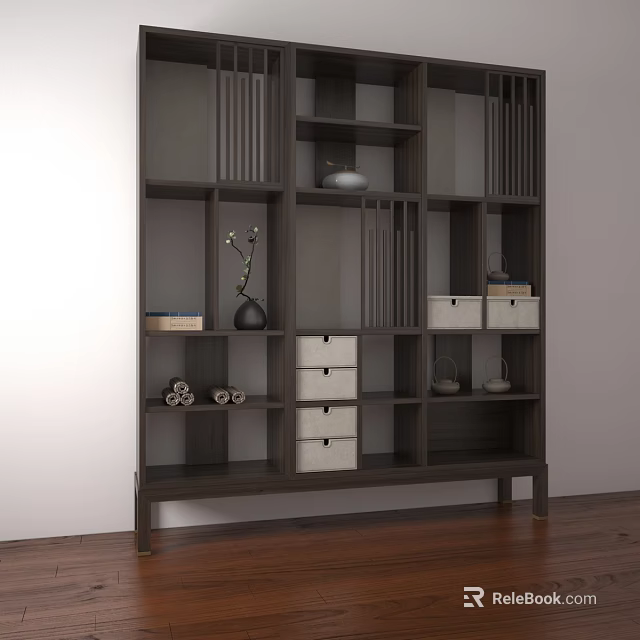 Dark Wood Chinese Style Multi tiered Display Shelf With Vase Books Drawers And Scrolls 3d model 