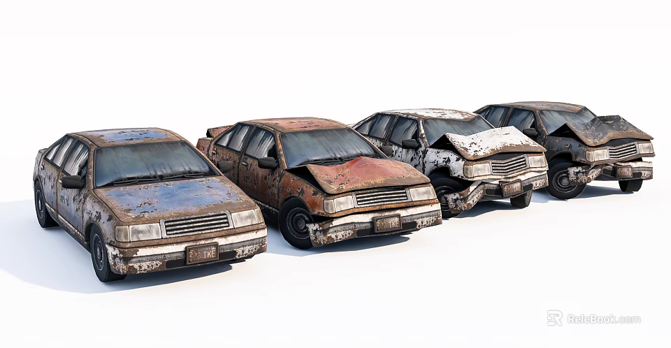 Row of Old Rusty Abandoned Cars With Peeling Paint and Worn Out Bodies 3d model 