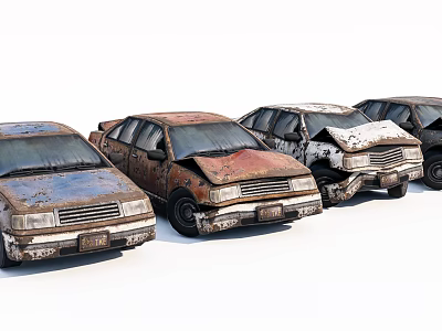 Row of Old Rusty Abandoned Cars With Peeling Paint and Worn Out Bodies 3d model