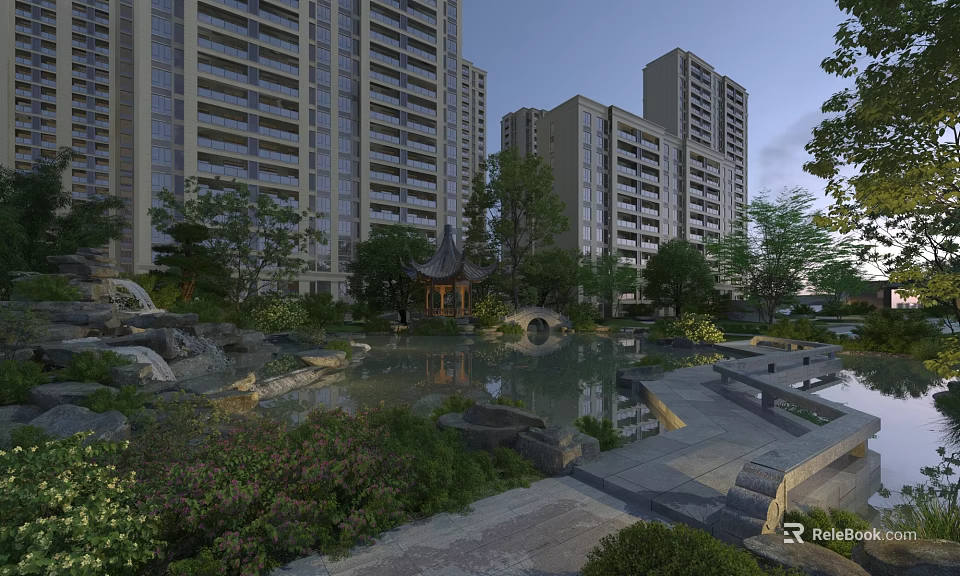 Scenic Garden Landscape With Residential Buildings Pavilion Pond Stone Bridge And Greenery 3d model 