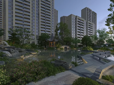 Scenic Garden Landscape With Residential Buildings Pavilion Pond Stone Bridge And Greenery 3d model