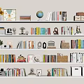 Decorative Ornament Collection on White Bookshelf with Books Globe Photo Frames Sunflower Vase Radio Basket