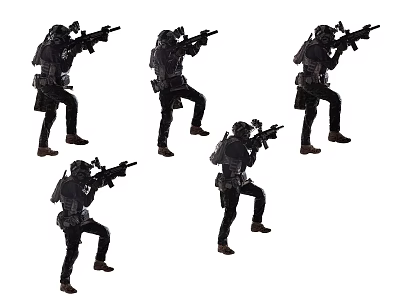 Men In Black Tactical Gear Holding Guns In Various Action Poses 3d model