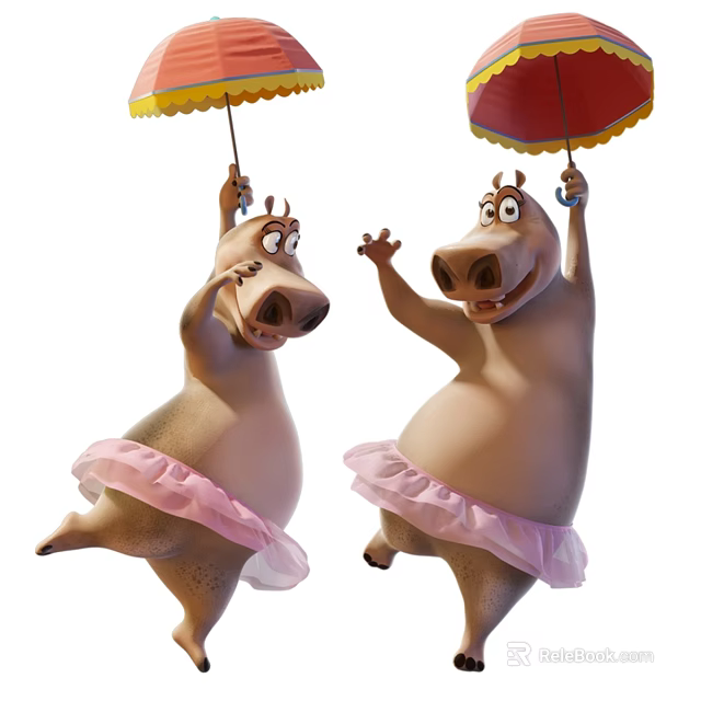 Dancing Hippo Stuffed Toys Wearing Pink Ballet Skirts Holding Yellow And Red Umbrellas 3d model 