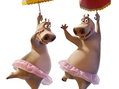 Dancing Hippo Stuffed Toys Wearing Pink Ballet Skirts Holding Yellow And Red Umbrellas 3d model