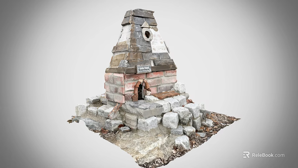Outdoor Small Stone Brick Stove With Stacked Bricks Stone Base And Round Opening 3d model 