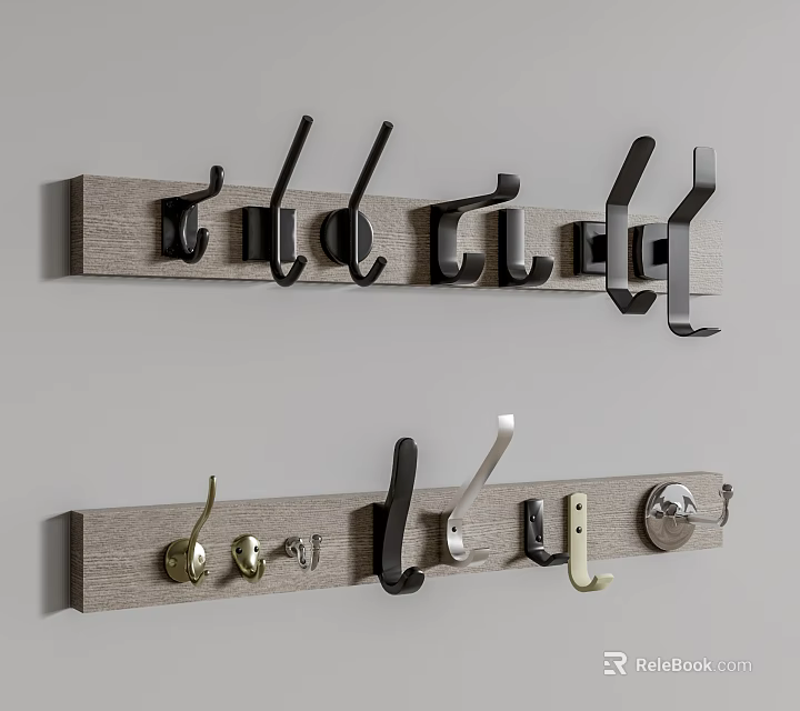 Wooden Wall Mounted Hook Racks With Various Metal Hooks And Styles 3d model 