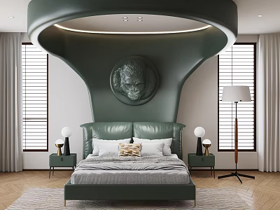 Modern Double Bed with Green Leather Headboard Unique Design Circular Ornament Bedside Tables and Lamps 3d model