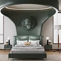 Modern Double Bed with Green Leather Headboard Unique Design Circular Ornament Bedside Tables and Lamps