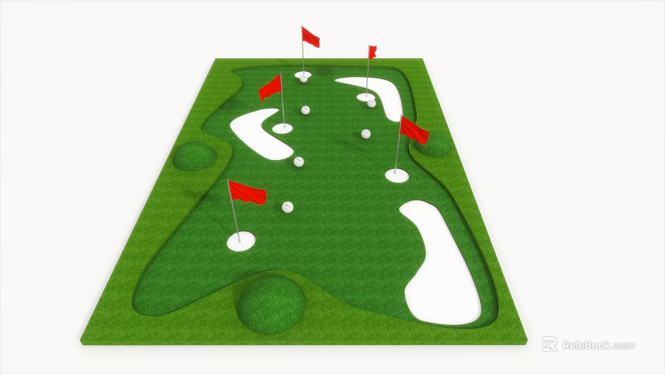 Outdoor Mini Golf Playground Equipment with Green Lawn Red Flags White Tees and Balls 3d model 
