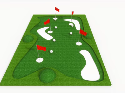 Outdoor Mini Golf Playground Equipment with Green Lawn Red Flags White Tees and Balls 3d model