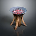 Wooden And Stone Decorative Table With Natural Base And Stone Top Featuring Red White Pebbles