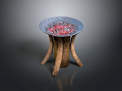 Wooden And Stone Decorative Table With Natural Base And Stone Top Featuring Red White Pebbles 3d model
