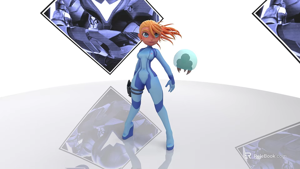 Game Movie Character In Blue Bodysuit With Orange Hair Green Orb And Geometric Setting Reflection 3d model 