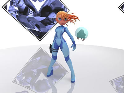 Game Movie Character In Blue Bodysuit With Orange Hair Green Orb And Geometric Setting Reflection 3d model