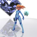 Game Movie Character In Blue Bodysuit With Orange Hair Green Orb And Geometric Setting Reflection