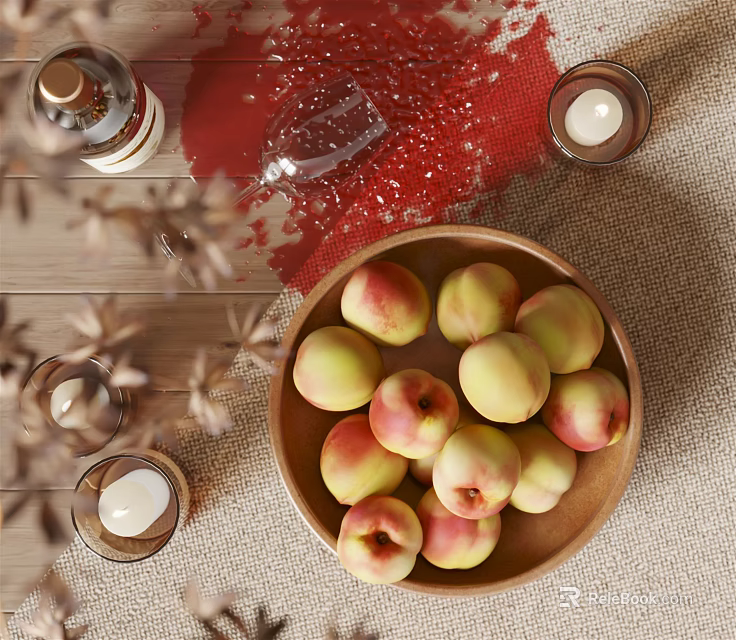 Fresh Peaches in Ceramic Bowl on Rustic Wooden Table with Candles and Wine Glass 3d model 